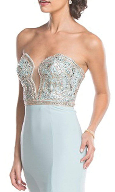 Aspeed Design - L1639SC  Embellished Deep Neckline Fitted Gown with Slit In Blue