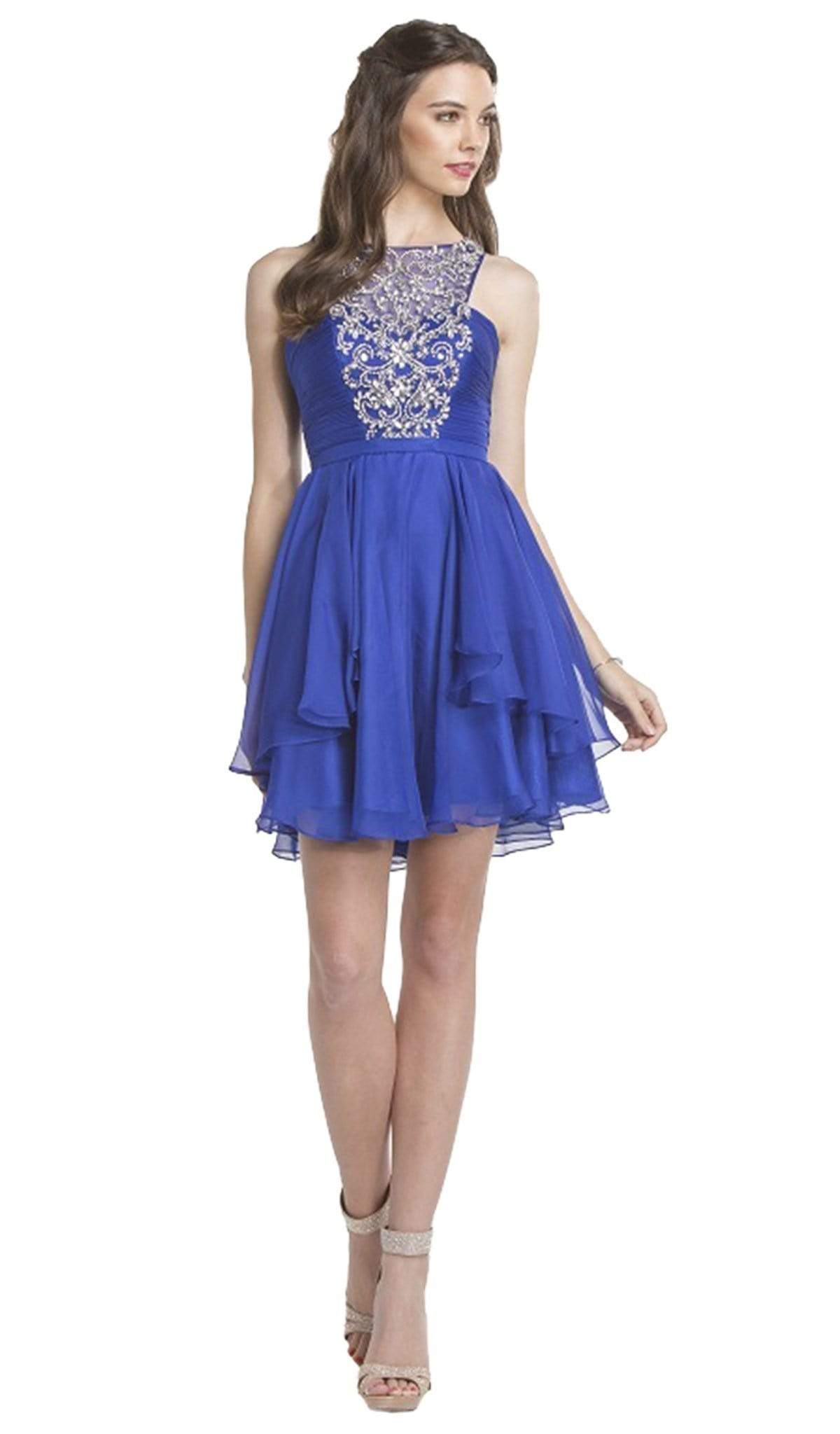 Bedazzled Halter Neck Homecoming A-line Dress Cocktail Dresses XXS / Royal