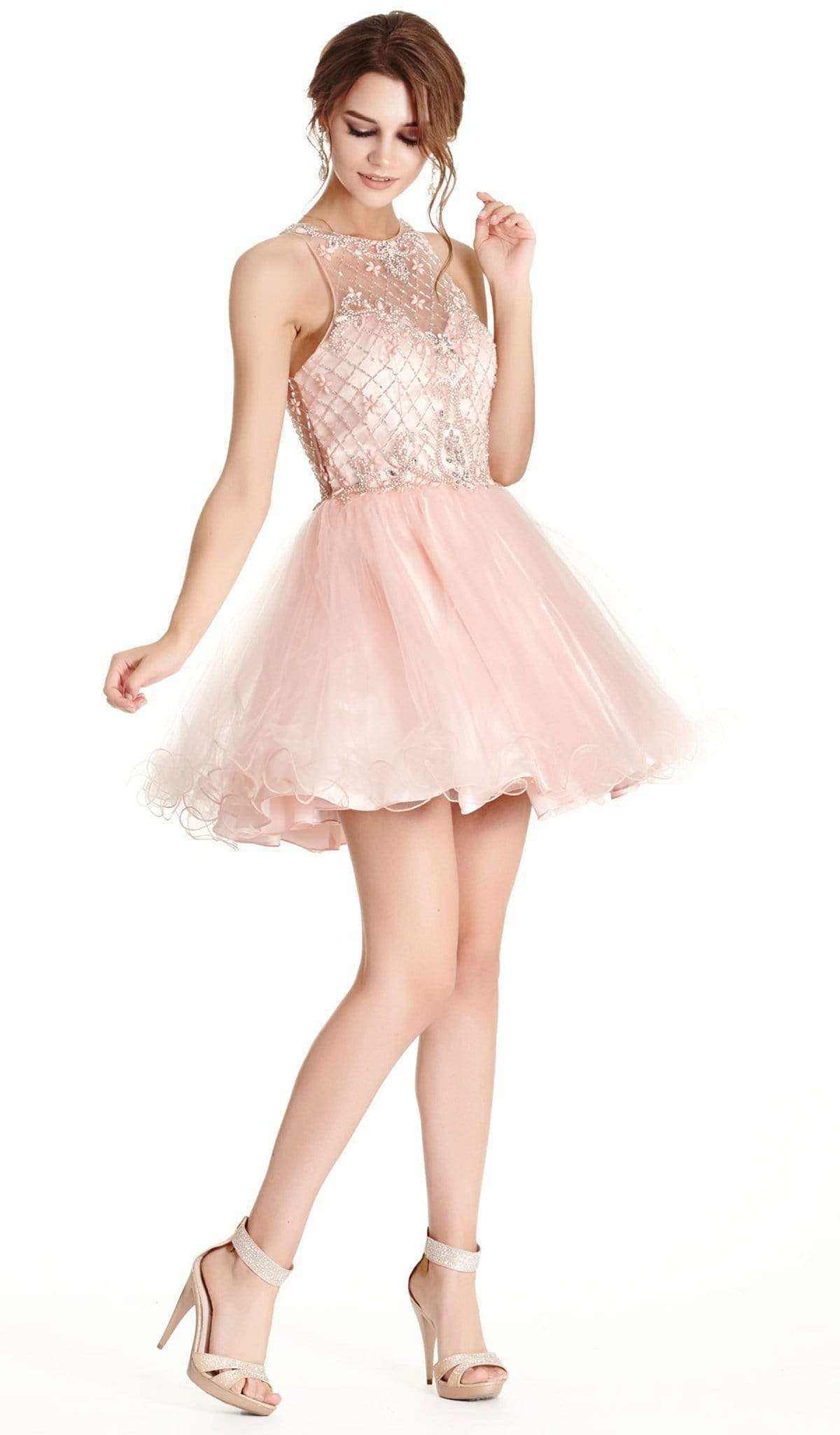 Bedazzled Illusion Halter Aline Homecoming Dress Homecoming Dresses XXS / Blush