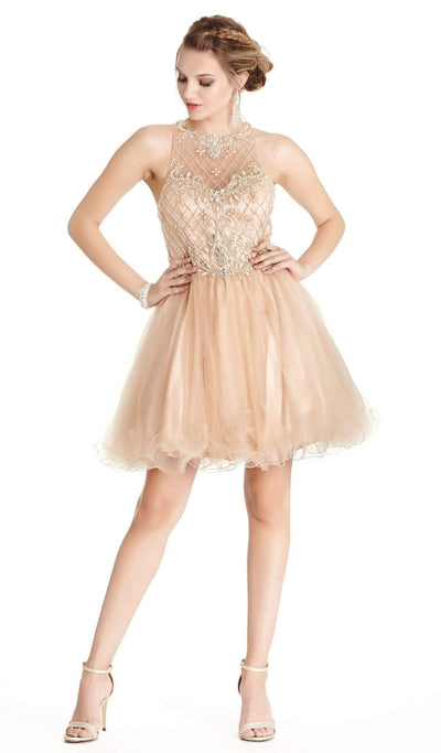 Bedazzled Illusion Halter Aline Homecoming Dress Homecoming Dresses XXS / Champagne