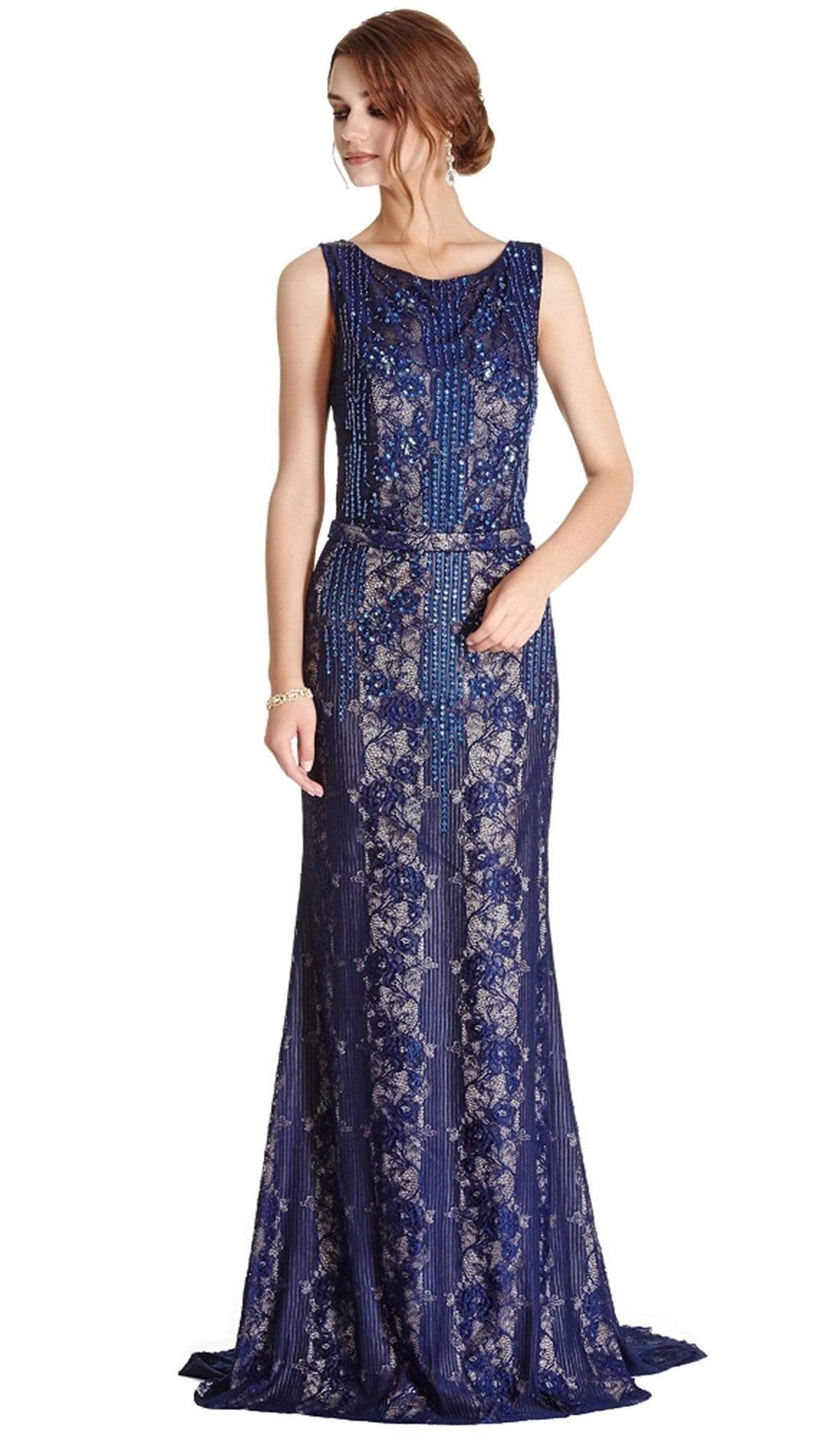 Bedazzled Lace Sheer Bateau Mother of Bride Gown Dress XXS / Navy
