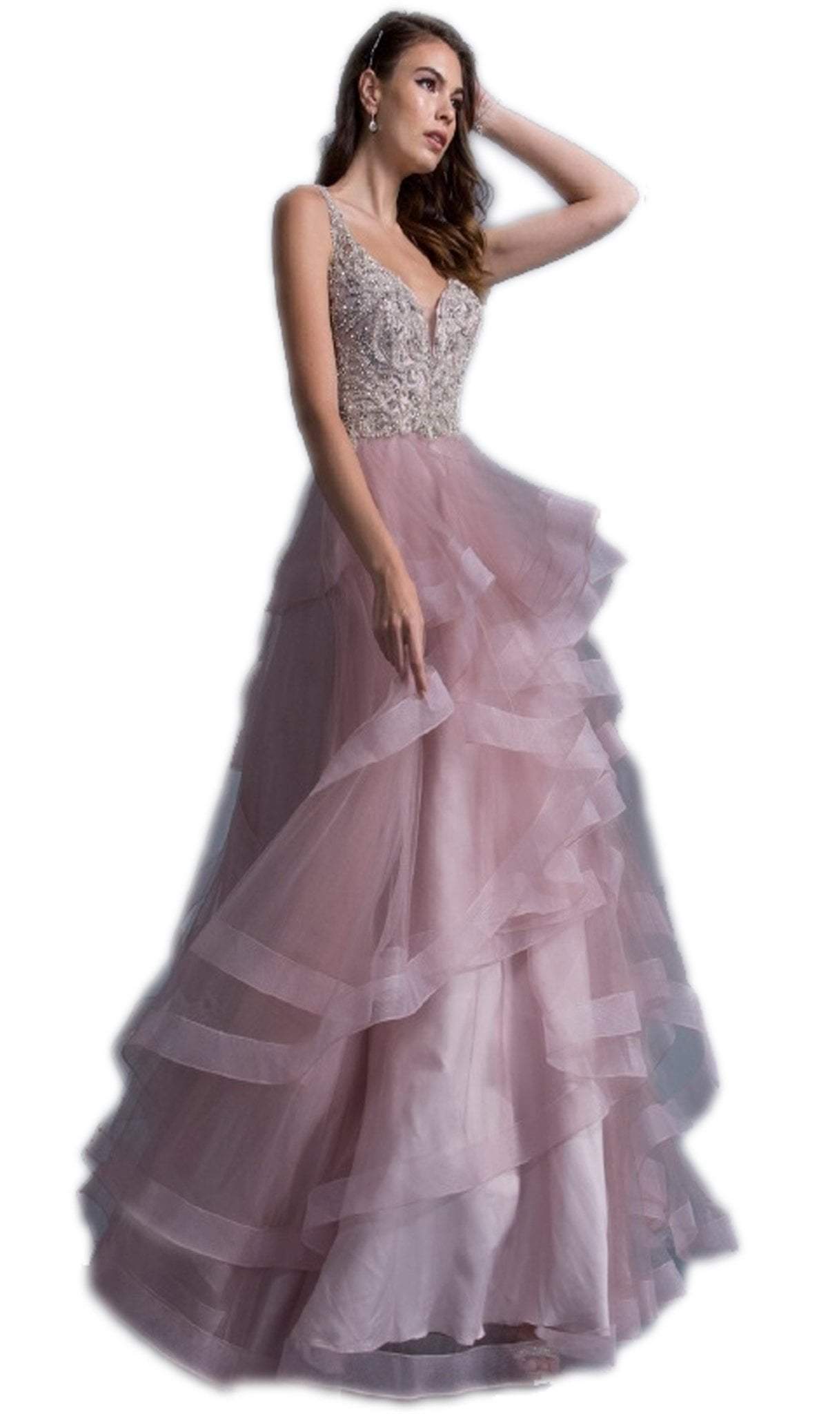 Bedazzled V-neck Ruffled A-line Prom Dress Prom Dresses XXS / Mauve