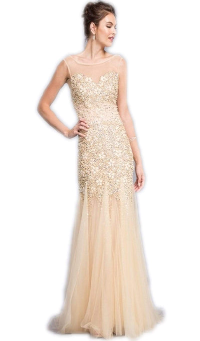 Bejeweled Illusion Bateau Evening Dress Dress XXS / Champagne