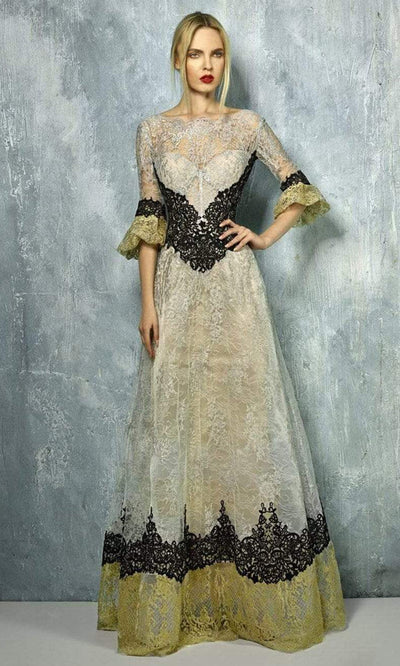 Beside Couture by Gemy - Long Lace Illusion A-line Gown BC1285SC In Silver and Neutral
