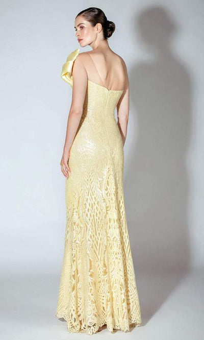 Beside Couture by Gemy - BC 1438 Bow Detail Bodice Embroidered Sequin Sheath Gown In Yellow