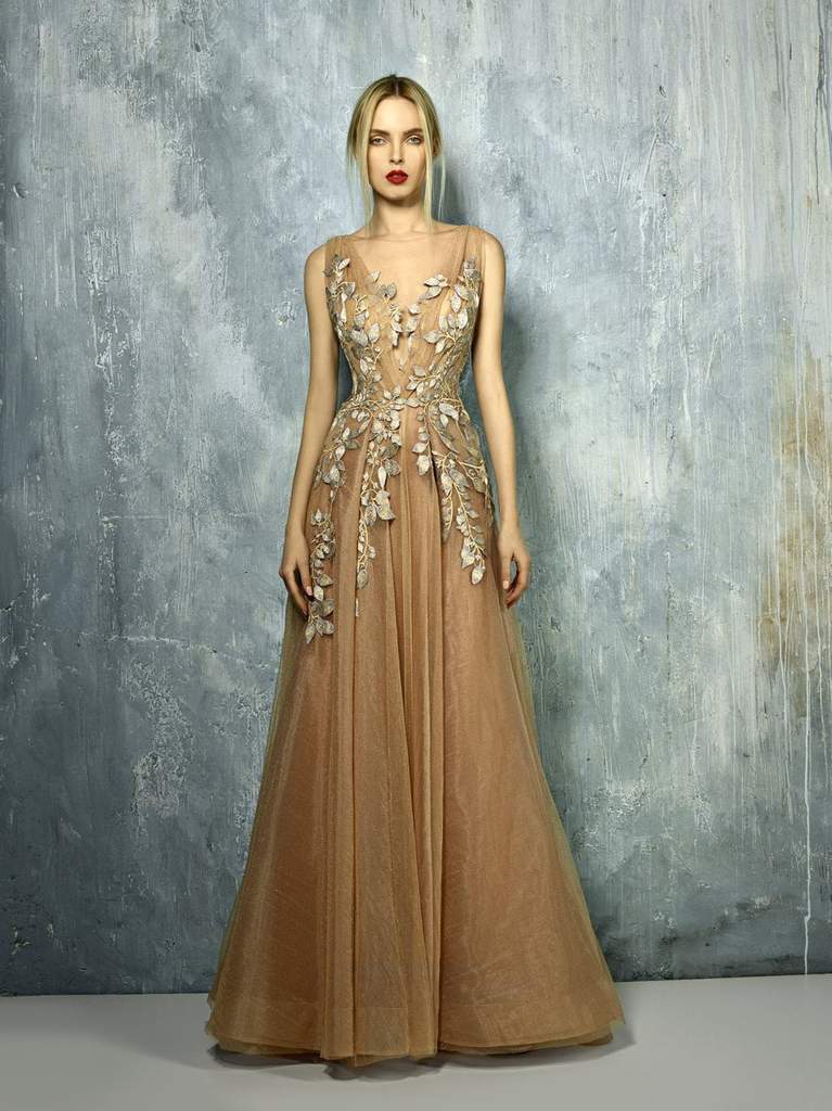 Beside Couture by Gemy Sheer Leaves Applique Tulle Gown BC1300 CCSALE 20 / Nude Silver Light Gold