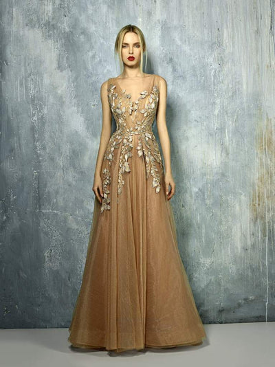 Beside Couture by Gemy Sheer Leaves Applique Tulle Gown BC1300 CCSALE 20 / Nude Silver Light Gold
