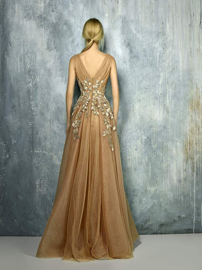 Beside Couture by Gemy Sheer Leaves Applique Tulle Gown BC1300 CCSALE 20 / Nude Silver Light Gold