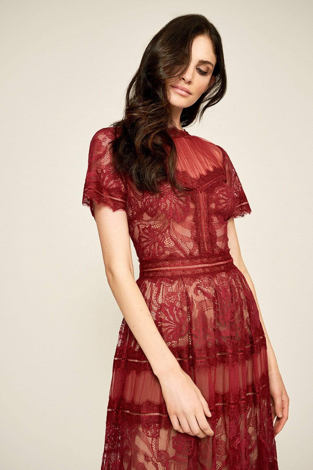 Tadashi Shoji - Lace Gathered Jewel A-Line Dress In Red and Neutral