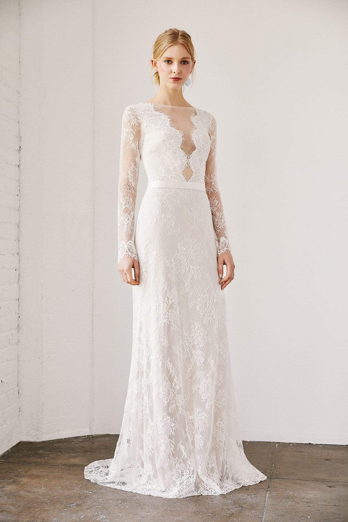 Tadashi Shoji - Lenaya Chantilly Lace Long-Sleeve Gown In White and Neutral