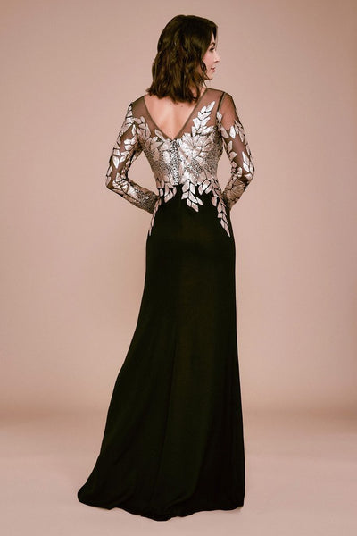 Tadashi Shoji - Embellished Finley Long Sleeve Crepe Sequin Gown - Petite In Neutral and Black