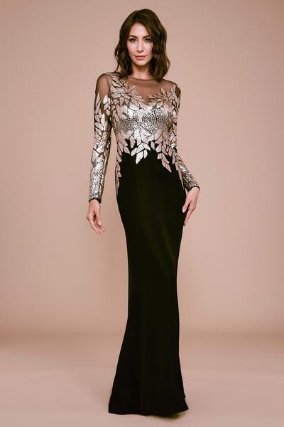 Tadashi Shoji - Embellished Finley Long Sleeve Crepe Sequin Gown - Petite In Neutral and Black