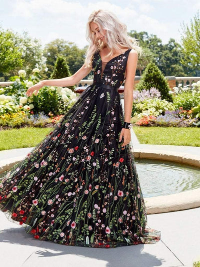 Clarisse - 3565 Floral Ornate Plunging V-Neck Tulle Dress
