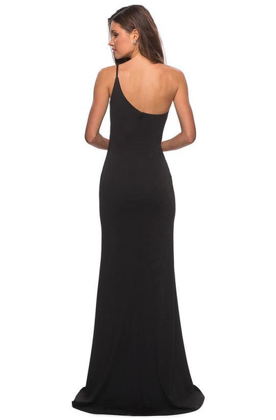 La Femme - One Shoulder High Slit Sheath Dress 28176 In Black