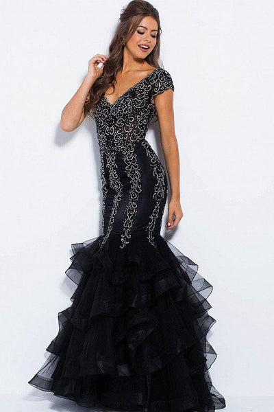 Jovani - JVN55878 Embellished Wide V-neck Tiered Mermaid Dress in Black