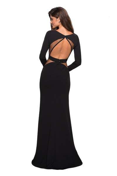 La Femme - 26995 Long Sleeve Deep V-neck Jersey Fitted Dress In Black