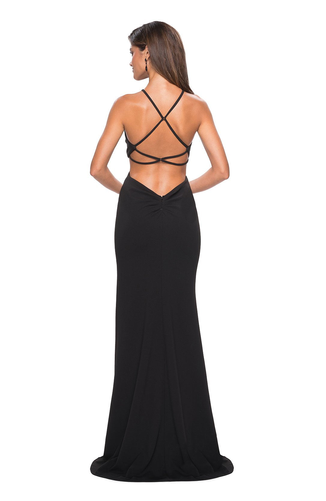 La Femme - 27070SC Halter Crisscross Cutout Waist High Slit Gown