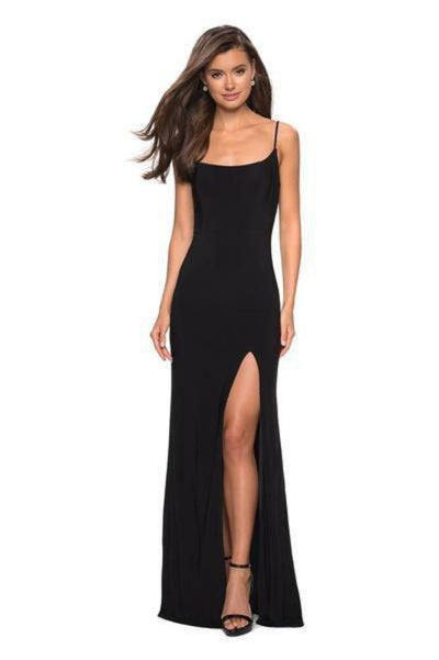 La Femme - 27469 Strappy Scoop Evening Dress with Slit In Black