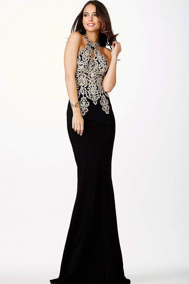 Jovani - Halter Fitted Lace Black Dress JVN33691 in Black