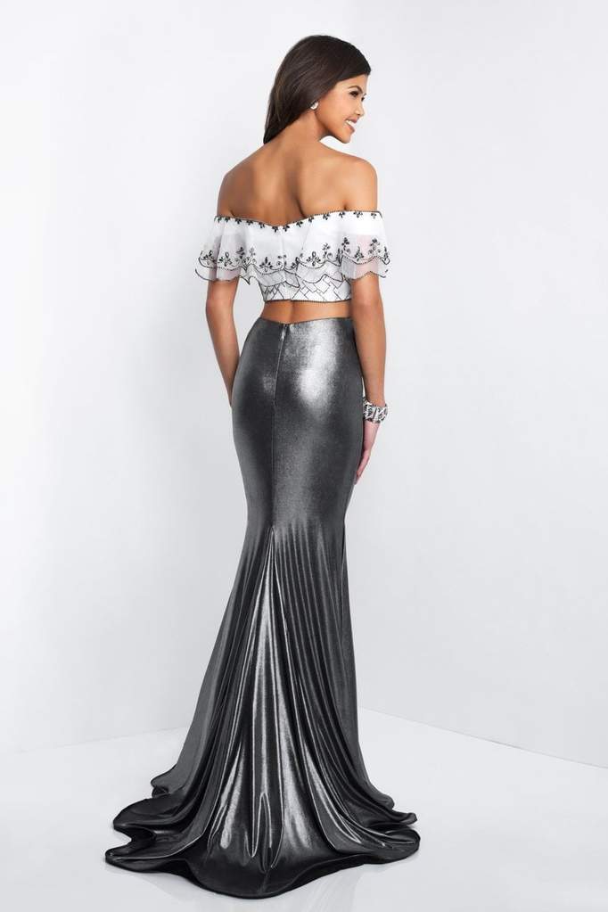 Blush  - 11558 Two-Piece Ruffled Off-Shoulder Metallic Shimmer Mermaid Gown - 1 pc Off White/Gunmetal In Size 6 Available CCSALE 6 / Off White/Gunmetal