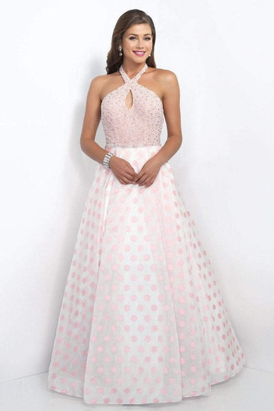 Blush - 5516 Embellished Halter Neck Polka Dot Printed Ball Gown Special Occasion Dress 0 / Blush/Off White