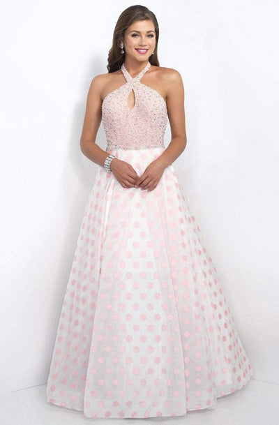 Blush - Embellished Halter Neck Polka Dot Printed Ball Gown 5516 in Pink and White