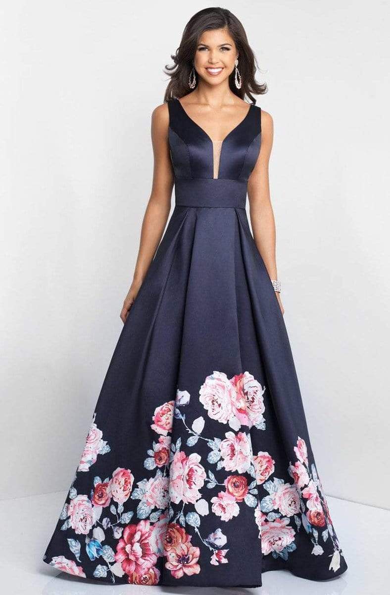 Blush - 5661 Plunging V-Neck Floral Printed Mikado Gown Special Occasion Dress 0 / Black Navy/Multi