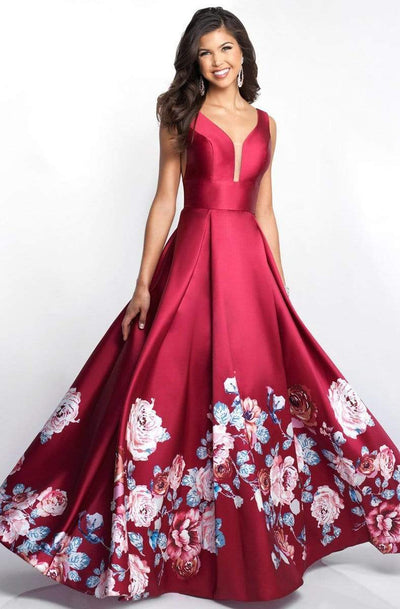 Blush - 5661 Plunging V-Neck Floral Printed Mikado Gown Special Occasion Dress 0 / Sangria/Multi