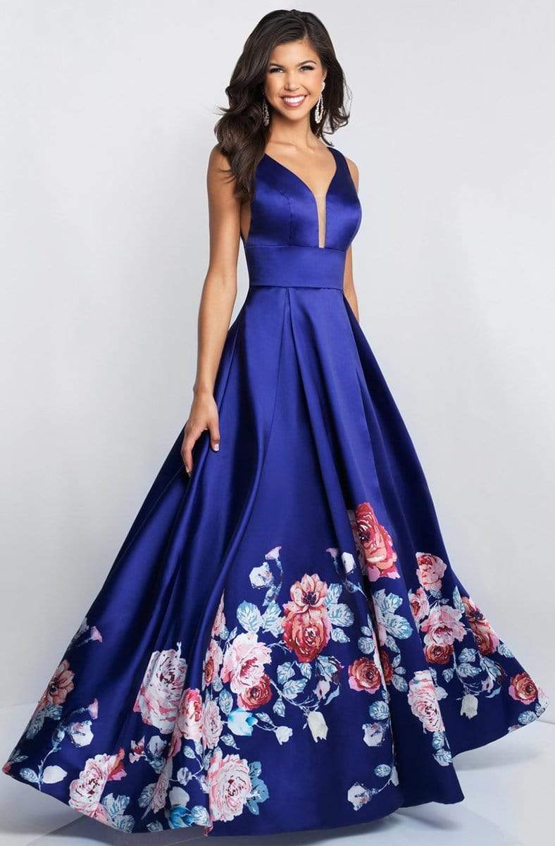 Blush - 5661 Plunging V-Neck Floral Printed Mikado Gown Special Occasion Dress 0 / Sapphire/Multi