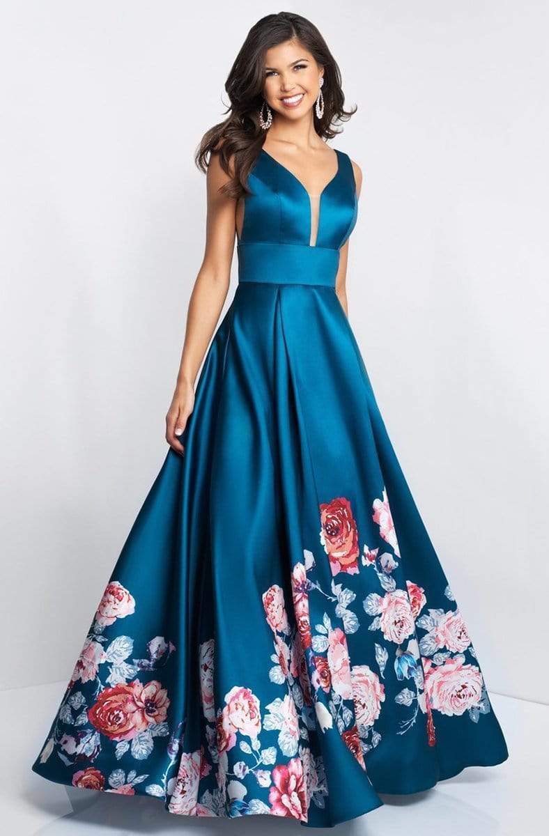 Blush - 5661 Plunging V-Neck Floral Printed Mikado Gown Special Occasion Dress 0 / Teal/Mint
