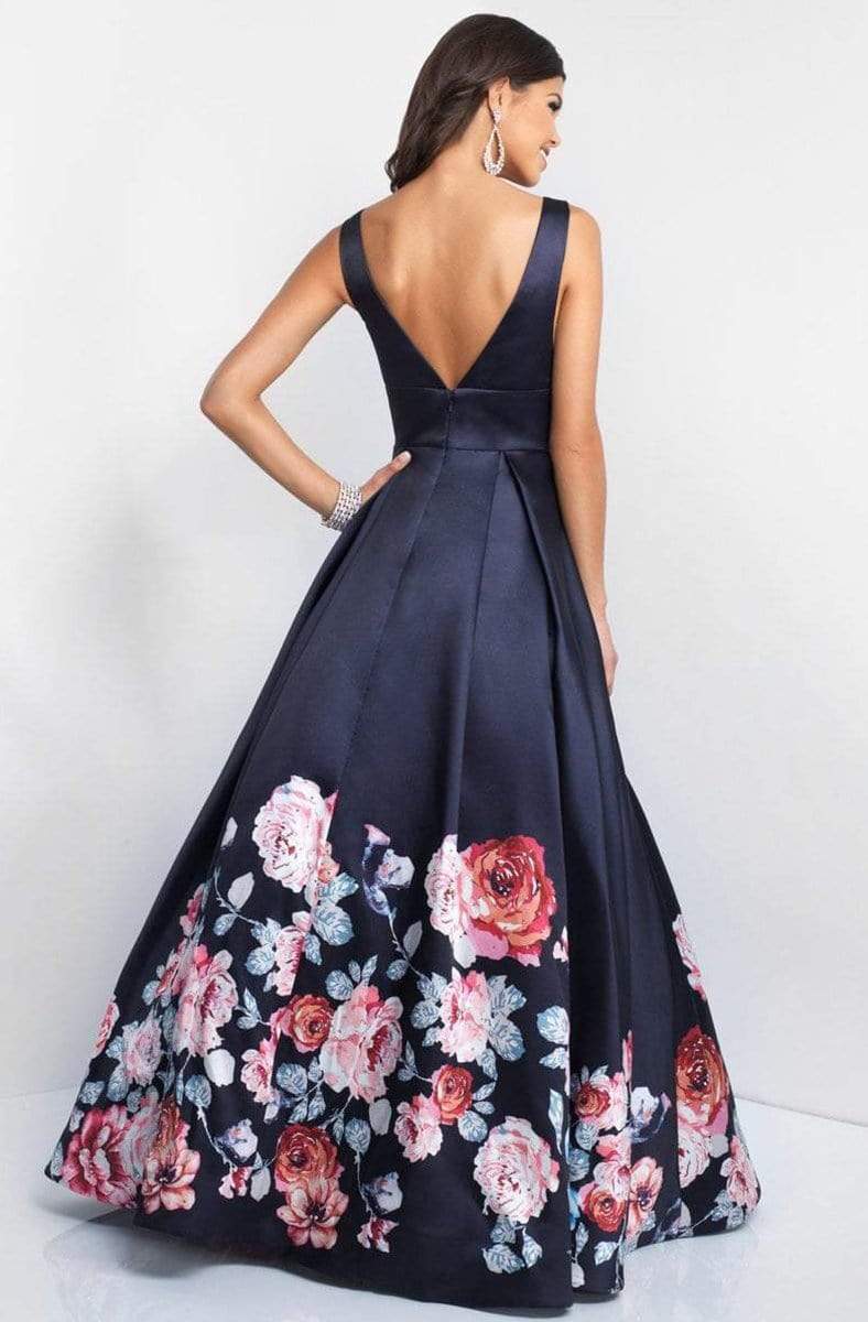 Blush - 5661 Plunging V-Neck Floral Printed Mikado Gown Special Occasion Dress