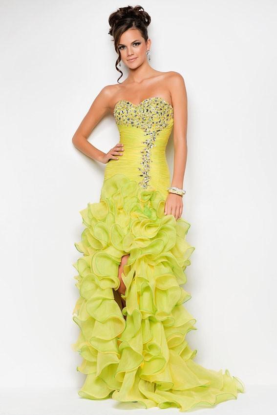 Blush - 9517 Strapless Pleated Ruffled Long Gown with Slit Special Occasion Dress 0 / Lemon/Orange