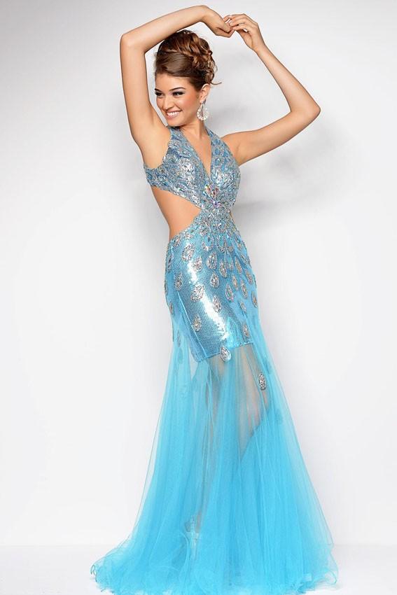 Blush - Peacock Adorned V-Neck A-Line Gown 9530 In Blue