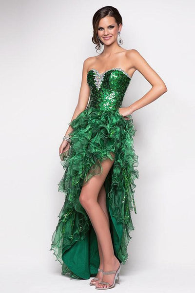 Blush - Strapless Ruffled Long Gown with Slit 9540 in Green