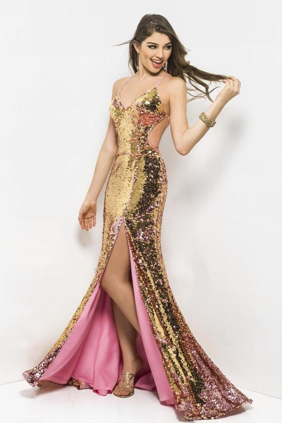 Blush - V-Neck Long Dress with Slit 9554 in Gold and Pink