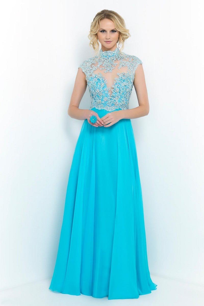 Blush - Luxurious Illusion Scalloped A-Line Gown 9967 in Blue