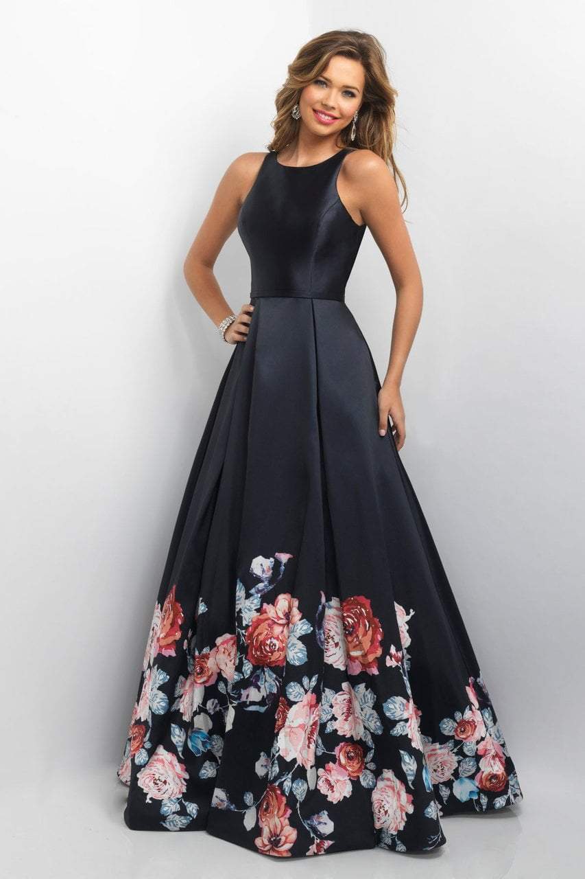 Blush by Alexia Designs - 11136 Sleeveless Mikado Floral Detail Gown Special Occasion Dress 0 / Black Navy/Multi
