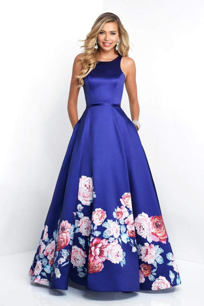 Blush by Alexia Designs - 11136 Sleeveless Mikado Floral Detail Gown Special Occasion Dress 0 / Sapphire/Multi