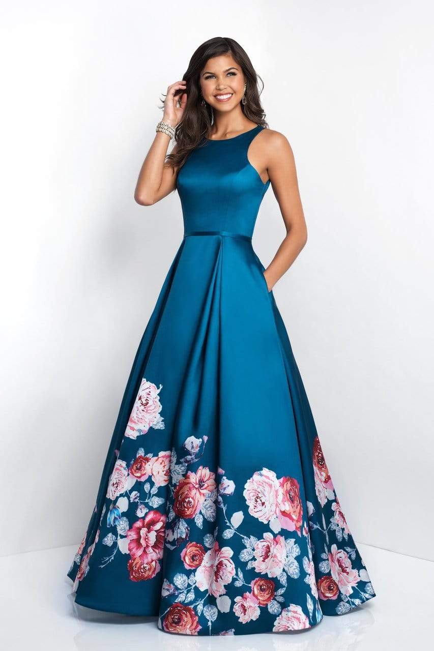 Blush by Alexia Designs - 11136 Sleeveless Mikado Floral Detail Gown Special Occasion Dress 0 / Teal Blue/Multi