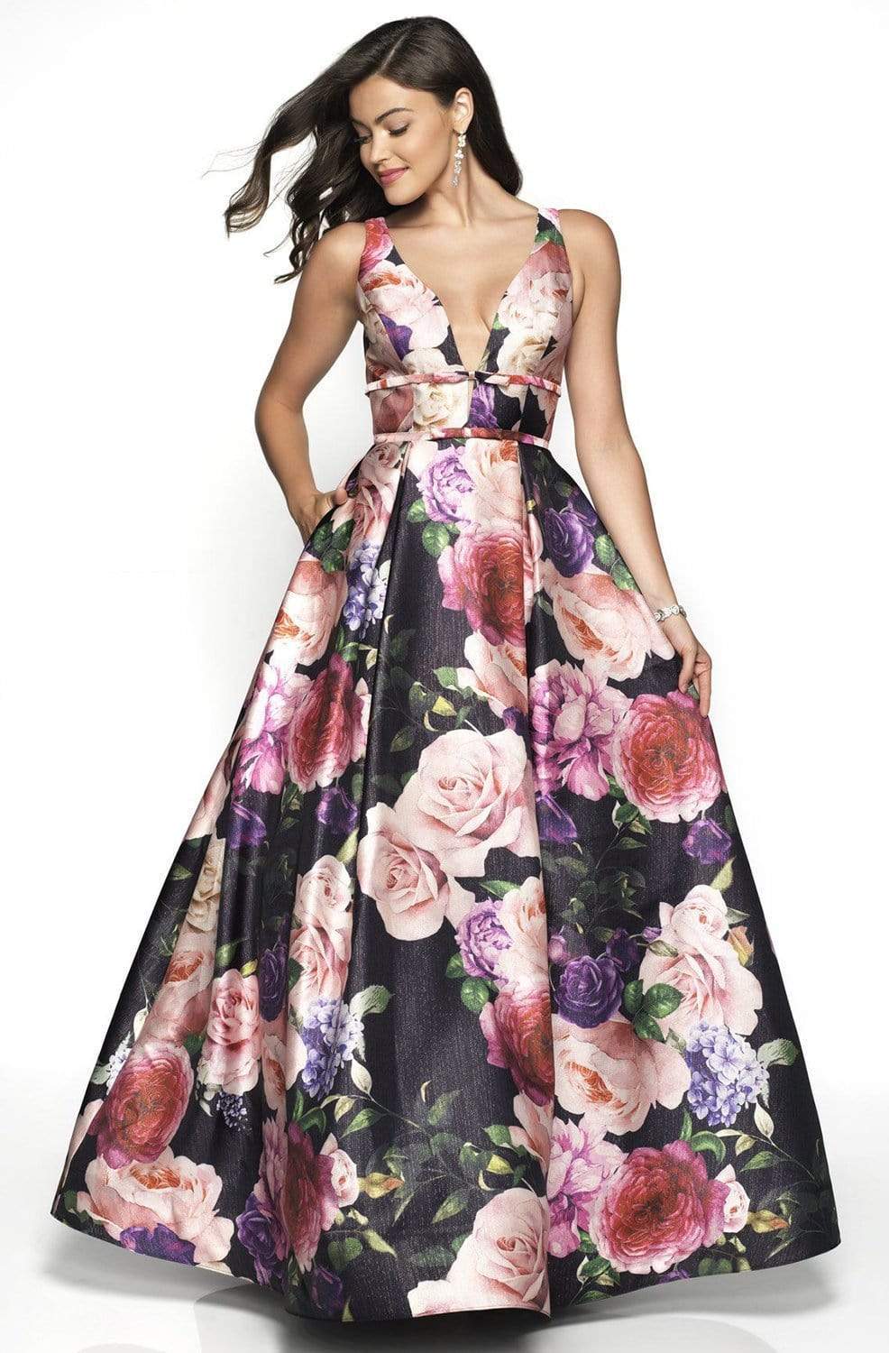 Blush by Alexia Designs - 11735 Plunging Floral Print Ballgown Special Occasion Dress 0 / Black/Floral Print