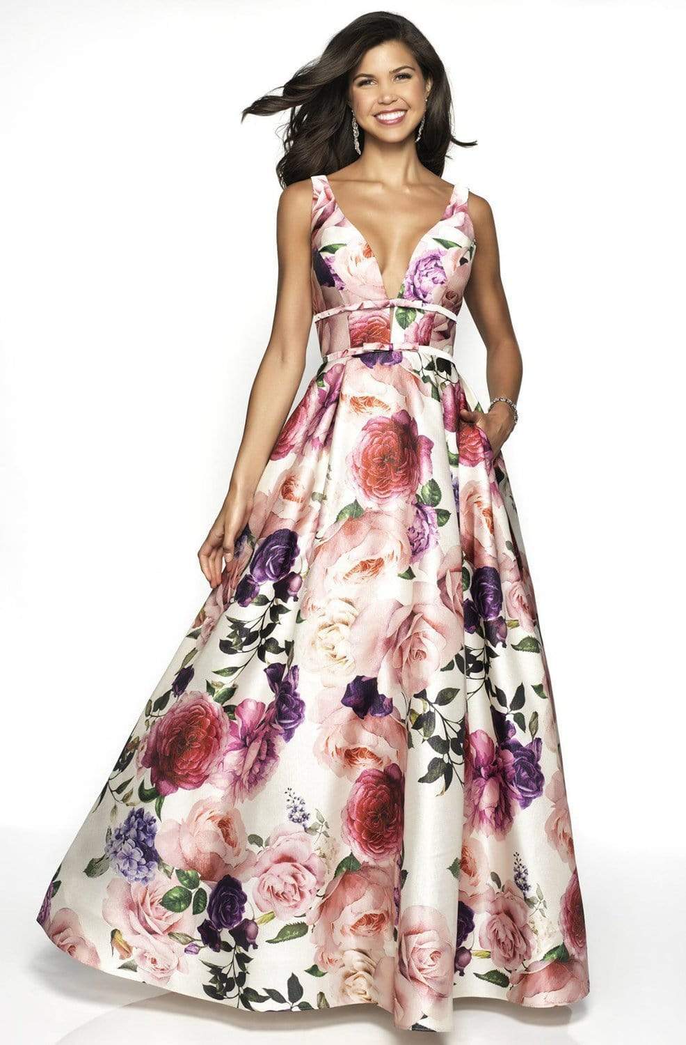 Blush by Alexia Designs - 11735 Plunging Floral Print Ballgown Special Occasion Dress 0 / Off White/Floral Print