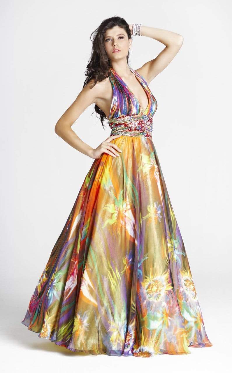 Blush by Alexia Designs - 5034 Plunging Halter Print Gown Special Occasion Dress