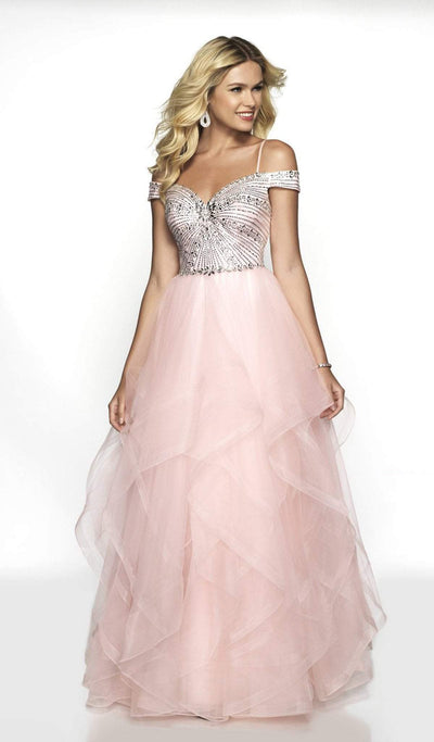 Blush by Alexia Designs - 5717 Off Shoulder Asymmetrical Tulle Gown Special Occasion Dress 0 / Blush Pink