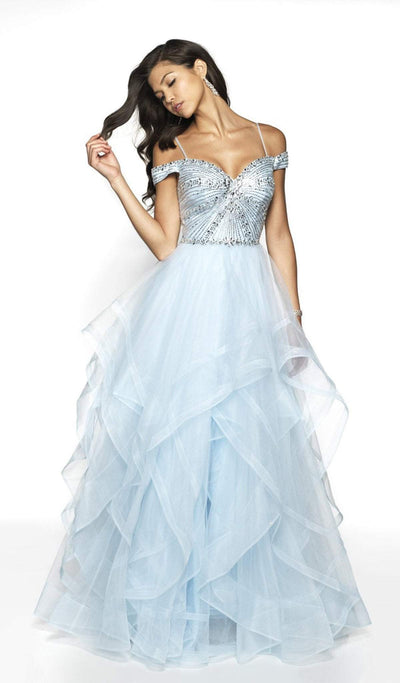 Blush by Alexia Designs - 5717 Off Shoulder Asymmetrical Tulle Gown Special Occasion Dress 0 / Iced Blue