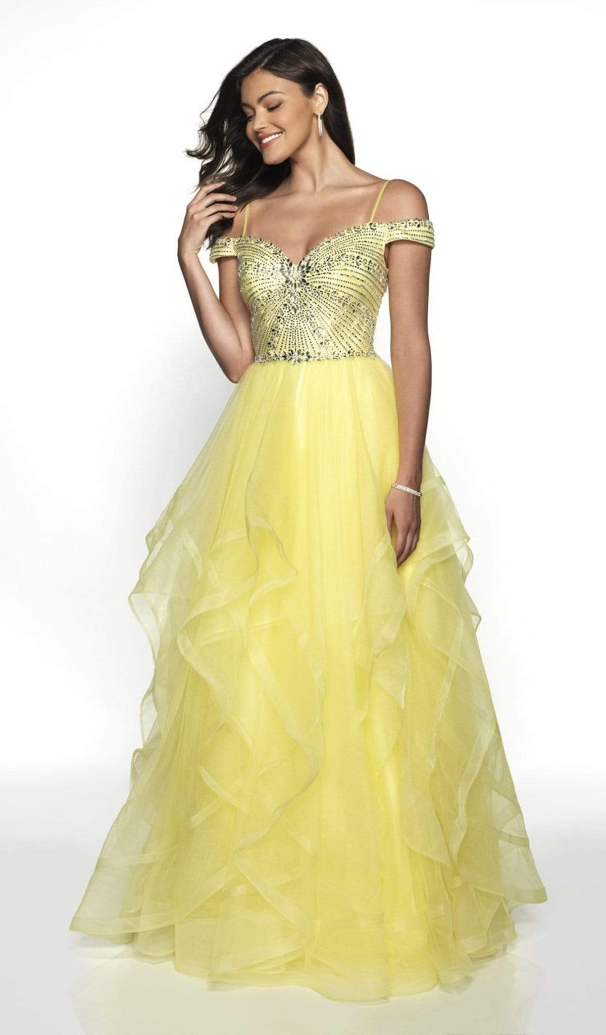 Blush by Alexia Designs - 5717 Off Shoulder Asymmetrical Tulle Gown Special Occasion Dress 0 / Lemon