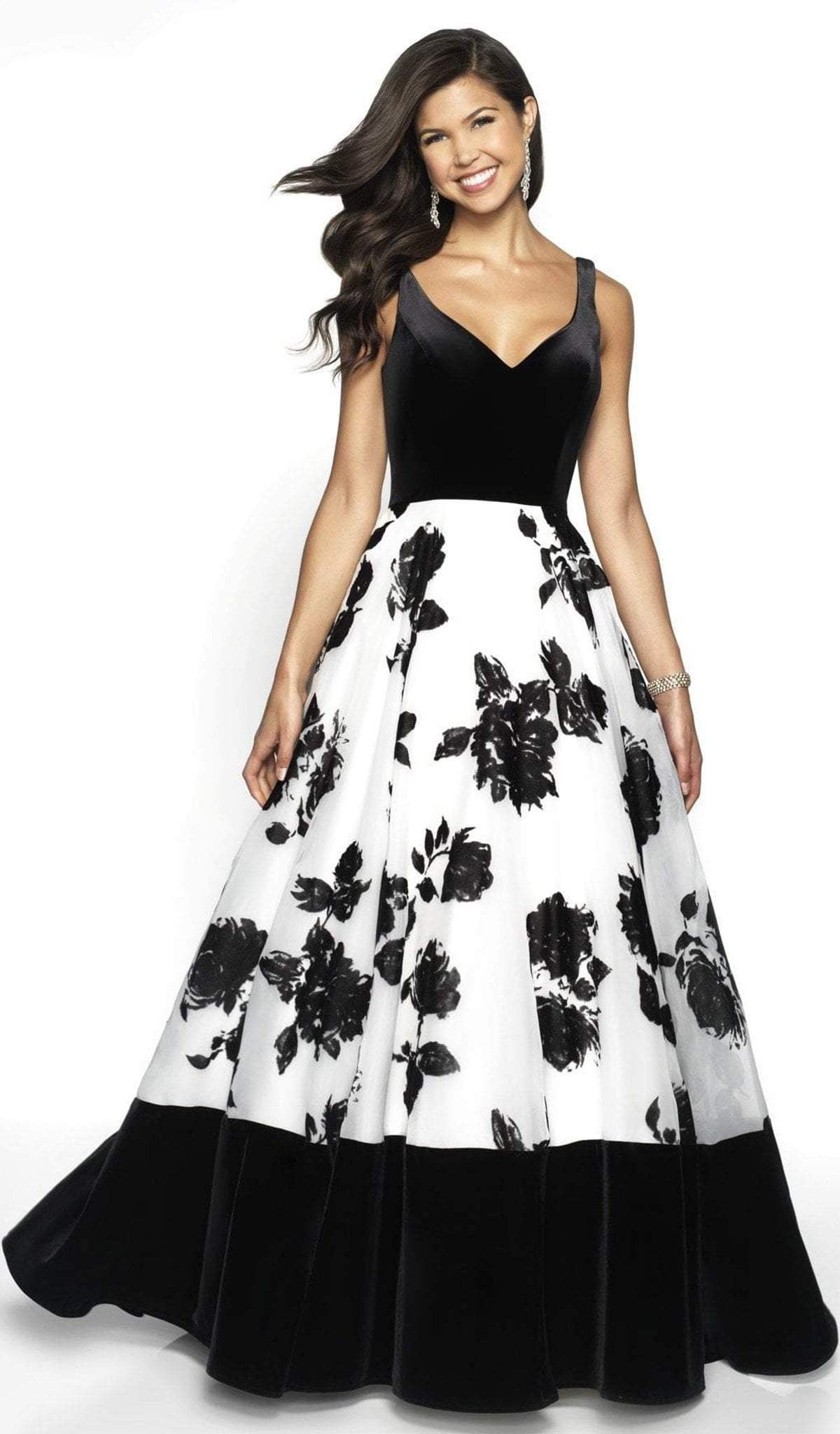 Blush by Alexia Designs - 5725 V-Neck Floral A-Line Dress Special Occasion Dress 0 / Off White/Black