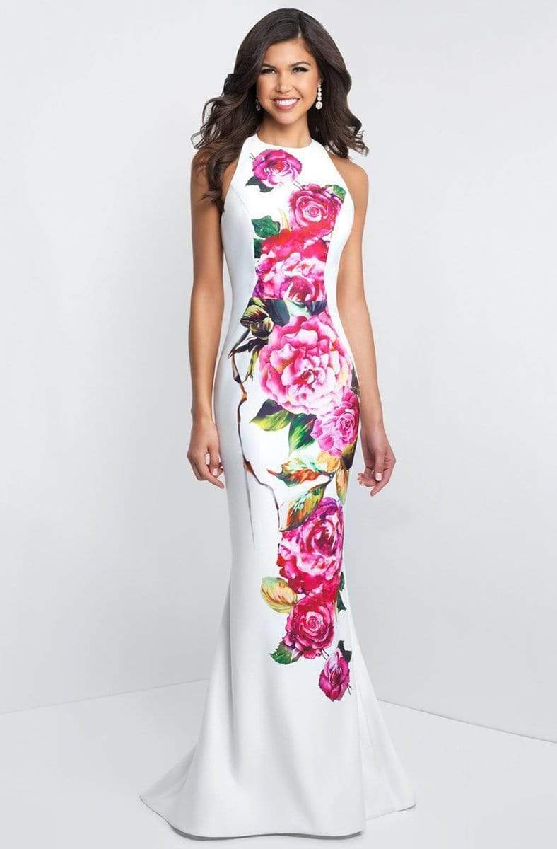 Blush by Alexia Designs - C1040 Sleek Floral Print Halter Sheath Dress Special Occasion Dress 0 / Ivory/Pink