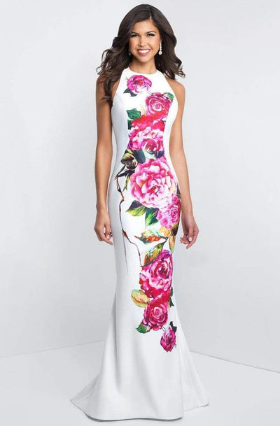 Blush by Alexia Designs - C1040 Sleek Floral Print Halter Sheath Dress Special Occasion Dress 0 / Ivory/Pink