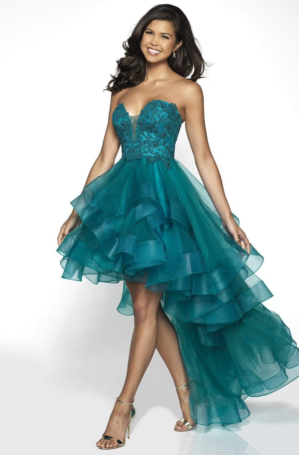 Blush by Alexia Designs - C2030 Plunging Appliqued High Low Gown Special Occasion Dress 0 / Teal