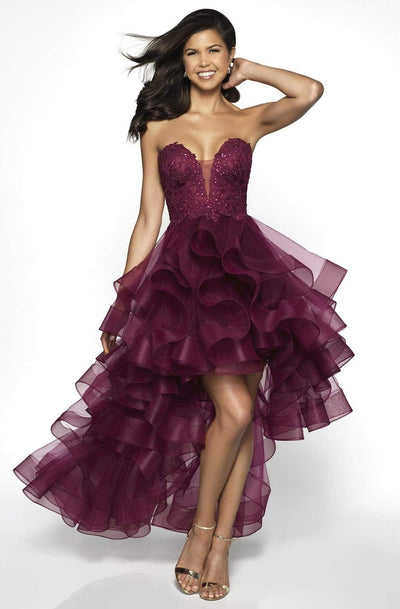 Blush by Alexia Designs - C2030 Plunging Appliqued High Low Gown Special Occasion Dress 0 / Wine